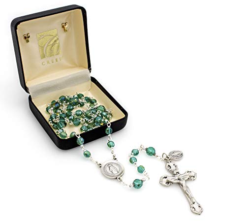 Religuious Italian Silver Rosary with 6mm Emerald Green Austrian Crystal beads and miraculous medal dangle