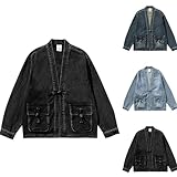 Giacca in denim da uomo, cardigan da baseball blu Jean, a maniche lunghe, collo profondo con chiusura tradizionale a rana, elegante stile kimono, capispalla oversize con tasche frontali per l'uso