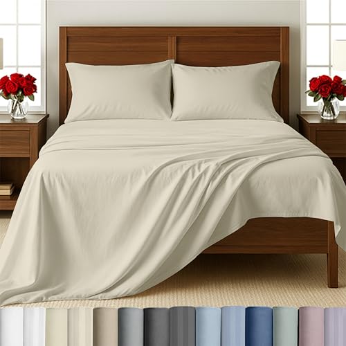 Image of California Design Den Queen Size Sheet Set - 100% Cotton, 500 Thread Count Sateen, Deep Pocket Bed Sheets with Fitted Elastic Sheet, Soft Luxury - Ivory (Creamy Beige Tone)