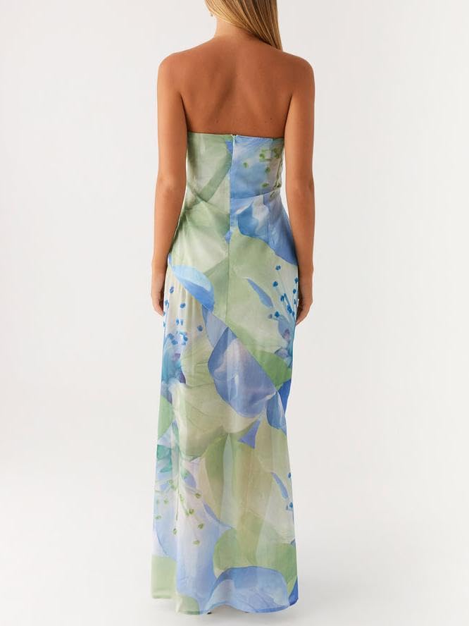 Image of Women Y2k Strapless Maxi Dress Floral Print Tube Long Dress Boho Beach Sundress Going Out Streetwear
