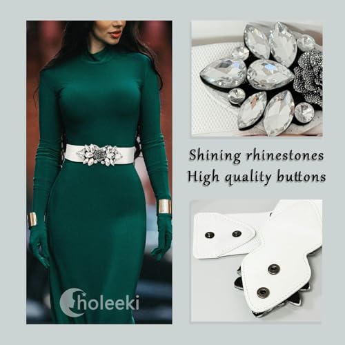 Choleeki Stretchy Rhinestone Wide Belt Elastic Crystal Thick Belts Fashion Waist Accessories for Women Dress (White 2, S)