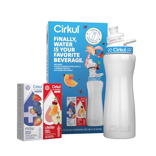 Cirkul 22oz. White Stainless Steel Water Bottle Starter Kit with Blue Lid, 2 Flavor Cartridges (1 LifeSip Fruit Punch and 1 FitSip Mixed Berry) Zero Calories and No Sugar