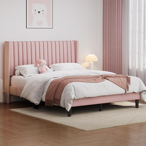 Image of Yaheetech Queen Bed Frame with Headboard,Pink Channel-Tufted Platform
