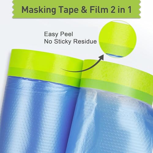 Image of Pre-Taped Masking Film for Painting - 44 inch x 66' Plastic Sheeting with Automotive Paint Tape, Easy Tear, No Residue - Painter's Tape and Drape for Car, Wall, Window & Furniture Protection