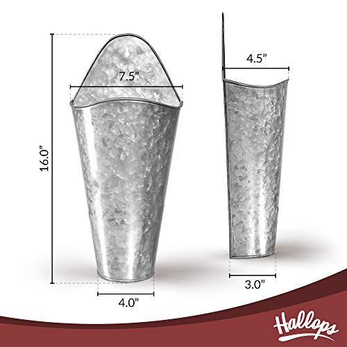 Hallops Galvanized Wall Planters - Two (2) Large Premium. Farmhouse Metal Hanging Vase. Rustic Decor. Tall Container For Easter Flowers Or Planets. Tin Style Bucket Or Pocket #TOP3