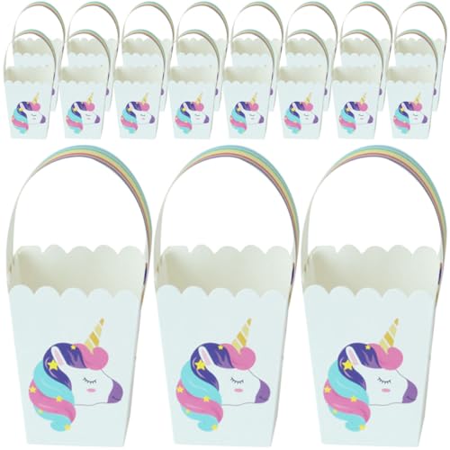 PAMINGONO Caja de 25 Unidades de Golosinas para Fiesta de Cumpleaños, Caja de Embalaje para Dulces y Bocadillos, Diseño Unicornio, Asas para Fácil Transporte, Material Resistente
