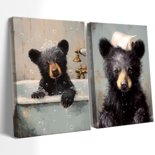 Image of Frimeeme 2 Piece Bear Bathroom Canvas Wall Art Set 12x16 inches | Bathtub Bear Prints, Cute Humorous Posters Ready to Hang Home Decor1, ready to hang