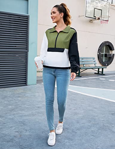 Blooming Jelly Womens Lightweight Workout Sweatshirts Athletic Outdoor Waterproof Rain Jackets Color Block Half Zip Tops Green #TOP5