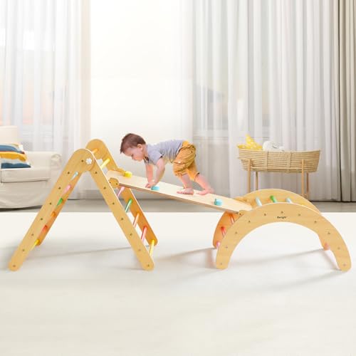Image of Beright 5 In1 Pikler Triangle Gym, Foldable Climbing Triangle Ladder Toys with Ramp, Indoor Climbing Toys for Kids, Play Gym, Arch Climber, Rocker, Learning Waldorf Children Toy Structure, Rainbow