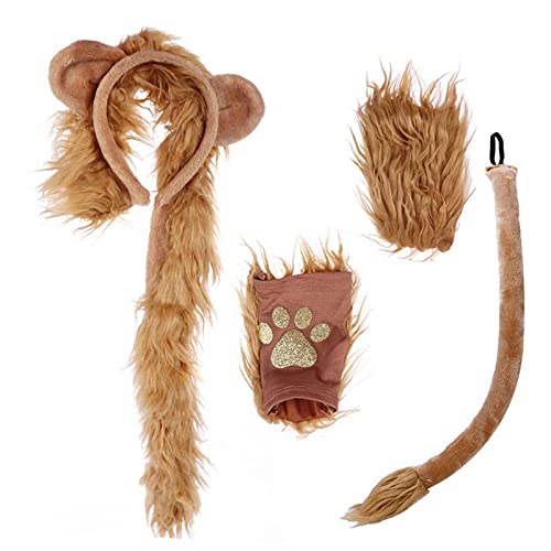Ligege Disfraz de Halloween León Orejas de Felpa Diadema Kit de Cola y Patas Disfraz de león sin Dedos para Adultos y niños Accesorios de Fiesta de Disfraces de Animales Cover