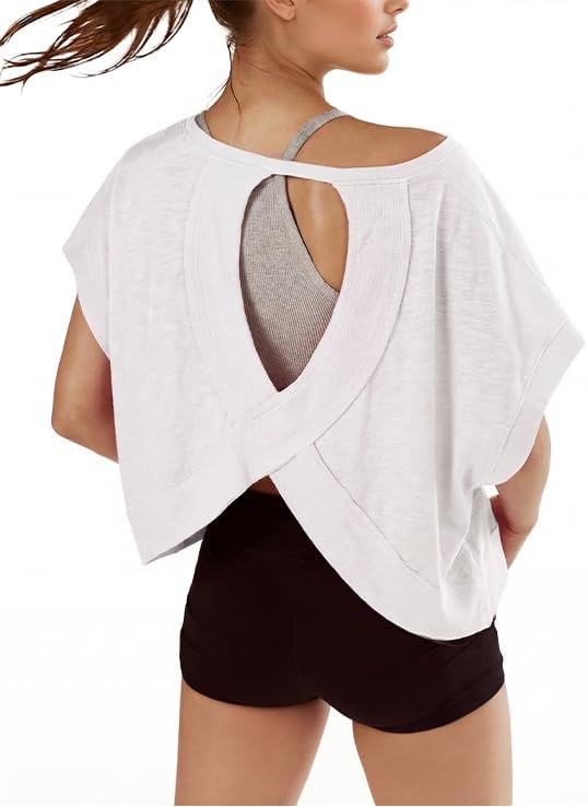 denking Women Open Back Workout Tops 100% Cotton Loose Fit Short Sleeve Yoga Shirts, Breathable Oversized Gym Tee