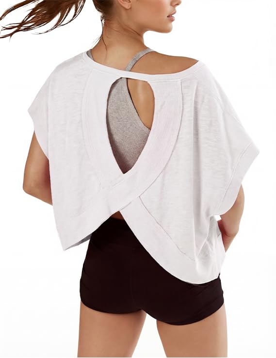 denking Women Open Back Workout Tops 100% Cotton Short Sleeve Tops Casual Yoga Athletic Gym Running Crop Cute Oversize Tees(White XS)