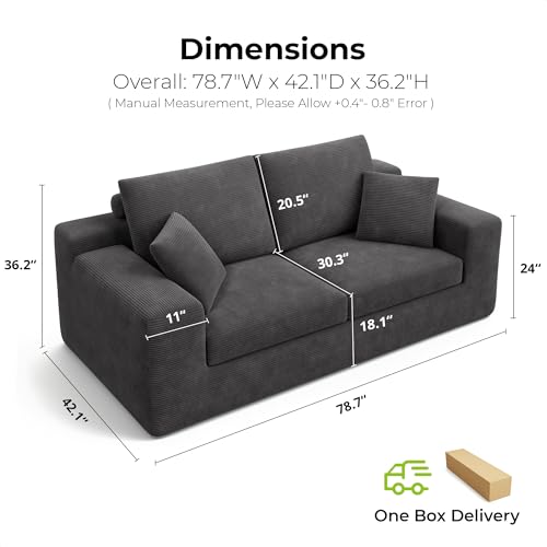 Image of LIKIMIO Loveseat Sofa in a Box, 78 inch Cloud Boneless Couch for Living Room with 30 inch Comfy Deep Seat, Modern Upholstered Corduroy Sofa for Apartment, Home Office, No Assembly, Dark Grey