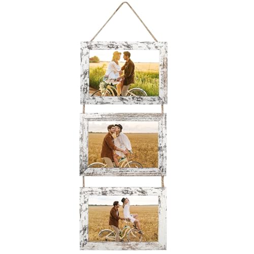 Gykutix 13x18 cm Cadre Photo Multiple Bouleau Blanc Collage Triple Ensemble Suspendu, Cadres Décoratifs avec Corde, pour Afficher Des Photos, Des Postales,...