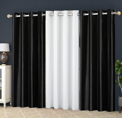 Image of Eyelet Polyester Modern Solid Crush Set of 3 Pcs. Door Curtains (9 Feet, 2 Black + 1 White)