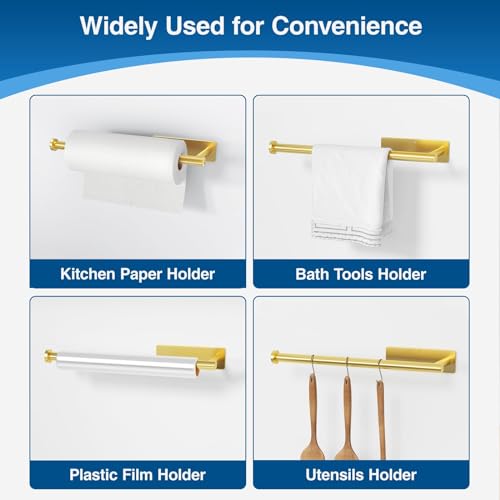 Image of Paper Towel Holder - Self-Adhesive or Drilling, Gold, Wall Mounted, SUS304 Stainless Steel Kitchen Roll Dispenser Under Cabinet