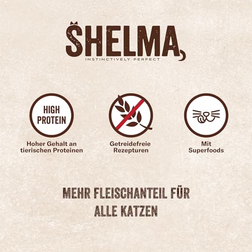 Shelma Katzen-Nassfutter Fleisch und Fisch Multipack mit den Sorten Rind, Lachs, Huhn und Kabeljau – Getreidefreies Alleinfuttermittel mit hohem Fleischanteil – 12 x 85 g (1,02 kg)