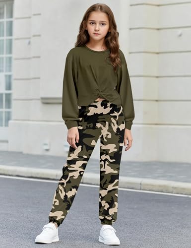 Image of NECIOUS Girls Fall Outfits 2 Piece Fashion Twist Front Pullover Sweatshirt and Camo Pants Clothing Sets 5-14Y