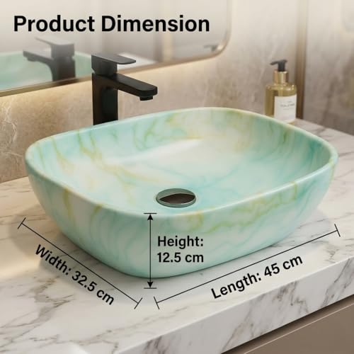 Image of Ceramic Tabletop Wash Basin - Glossy Rectangular Countertop Vessel Sink with Marble Finish for Bathroom & Vanity | Compact 18 x 13 x 5 Inch | Elegant Washbasin
