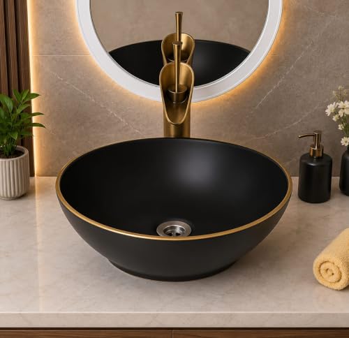 Image of Modern Designer Ceramic Wash Basin, Table Top Vessel Sink for Bathroom, Hotel & Home, Elegant Over Counter Vanity Basin, 16 x 13 x 5.5 Inch