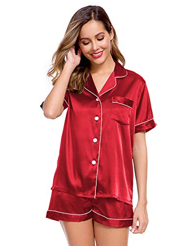 Image of LecGee Womens Silk Satin Pajamas Short Sleeve Loungewear Two-Piece Sleepwear Button-Down Pj Set