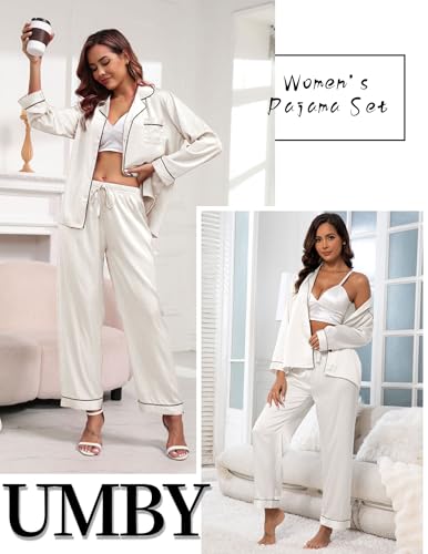 Image of UMBY Silk Satin Pajamas for Women Set 2 Piece Silk Pjs Long Sleeve Top Cozy Sleepwear Silky Pajamas