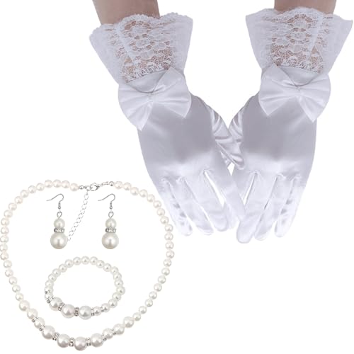 4Pcs Girls White Lace Communion Gloves Set 1920s Costume Girls Princess Pageant Gloves for First Communion Wedding Flower Girl Tea Party Birthday New Year Gifts
