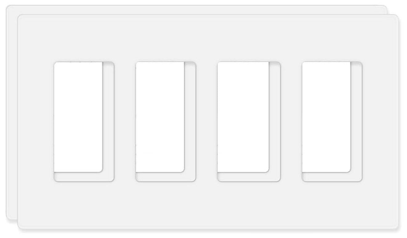 ZEFTV Screwless Decorator Wall Plates 4-Gang Switch Outlet Electrical Cover Plate Unbreakable Thermoplastic Faceplate for Decorative Receptacle Outlet Switch, White (2 Pack)