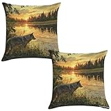 Kissenbezug 40x40 2er Set Lake Wolf Kissenbezüge Sofakissen kurzer Plüsch Kissenhüllen Frühling Sommer Kissenbezug Deko Urlaubsparty Picknick Outdoor Garten Wohnzimmer Heimdekoration Dekokissen R-535