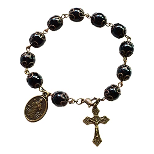 [RWAJZAX] Lovely Religious Catholic Bracelet Black Glass Beads Charm Jewelry Decoration for Women