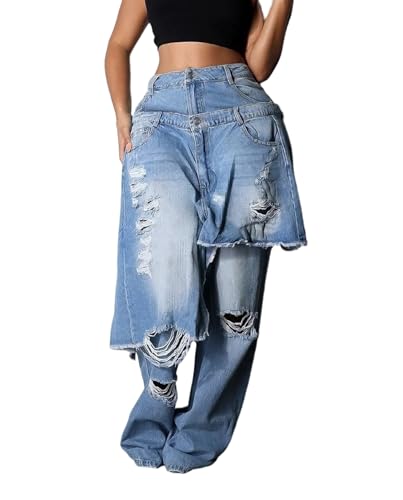 Voghtic Jeans for Women Trendy High Waisted Ripped Tear Y2K Patchwork Wide Leg Denim Pants with Pockets Streetwear