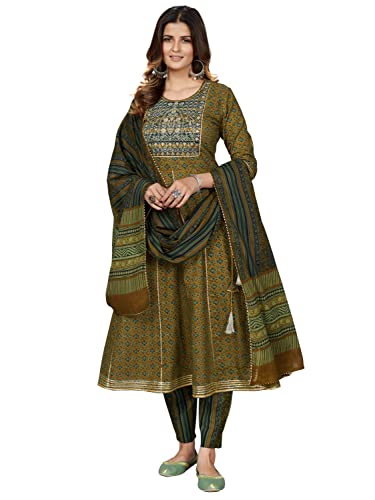 Image of Vbuyz Women's Cotton Print & Embroidered Anarkali Stitched Kurta Pant with Dupatta (VF-KU-1704-SKD-36 Mahendi Green S)