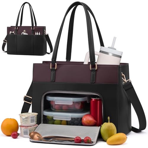 Image of LOVEVOOK Lunch Bag for Women, Leather Work Laptop Tote Bag with Insulated Lunch Compartment&Cup Holder, 15.6 Inch 2 in 1 Lunch Tote for Business, Teacher, Nurse, Office, College, Casual