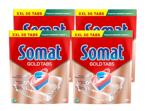 Somat Pastillas para lavavajillas doradas, 300 pastillas (6 x 50 pastillas), pastillas para lavar platos brillantes y limpios incluso a bajas temperaturas, fuerza extra contra los desecados