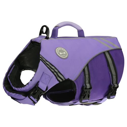 VIVAGLORY Sports Style Dog Life Vest, Dog Life Jacket for Swimming & Boating, Ripstop & Buoyancy for Puppy Doggy, Lifejacket with Handle, M, Purple
