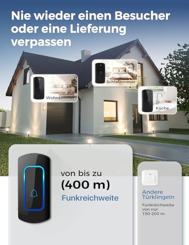 Funkklingel Set, AVANTEK Funk Türklingel Kabellose Hausklingel mit 400m Reichweite, Wasserdicht Funkklingel Außenbereich, 52 Klingeltöne, 5 Lautstärkestufen, 2 Plug-in-Empfänger