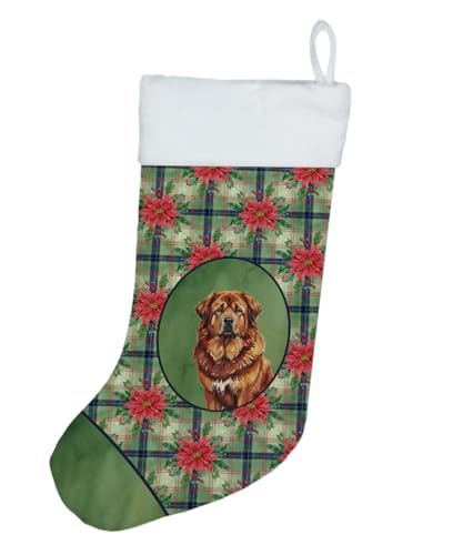 Caroline's Treasures Red Gold Tibetan Mastiff Christmas Poinsettas Holiday Stocking Double-Sided Print, Polyester Suede,11x18, Made in USA