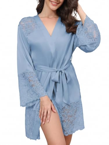 Anetyflying Women Slik Robes Lace Trim Stain Kimono Bathrobe for Bridesmaid - image 1