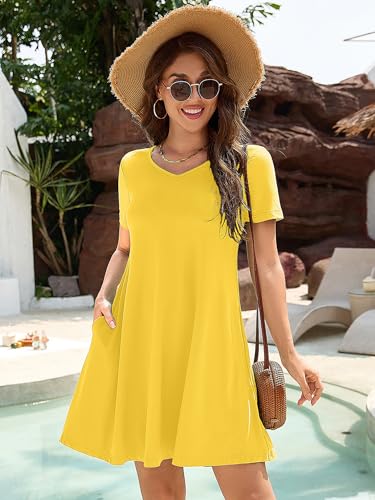 Image of KORSIS Dresses for Women Casual T-Shirt Summer Short Sleeve Loose Comfy Dress Swing Flowy Beach Vacation Sundress with Pocket