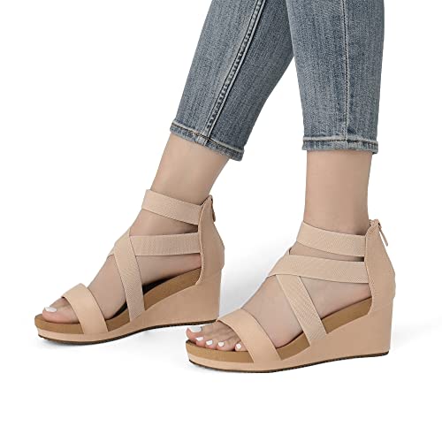 DREAM PAIRS DREAM PAIRS Womens Elastic Ankle Strap Open Toe Platform Wedge Sandals Comfortable Summer Shoes,Size 10,Nude,NINI-3