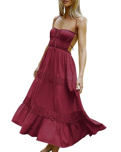 Image of VIUTIL Women Backless Flowy Dress Strap Tiered Long Dresses Summer Beach Sexy Vacation Sundress with Pockets Clothes 2026, (Burgundy, Medium)