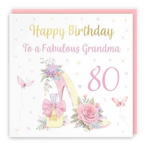 Hunts England - Tarjeta de cumpleaños 80 para abuela, tacón alto y perfume, lámina dorada de lujo, Milo's Gallery, 80 años, mariposas, flores, corazones, bonita tarjeta de cumpleaños para abuela,
