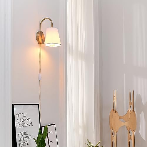 Image of Globe Electric 65000053 1-Light Hardwire or Plug-in Wall Sconce, Matte Brass, White Textured Shade, Arched Arm, Lighting, Home Decor, Lights for Bedroom Plug in