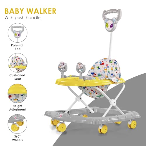 Image of BabyGo Jonny Walker for 6-24 Months | Foldable Baby Walker with Push Handle & Activity Tray | Adjustable Height Infant Walker with Wheels Music Toy Bar & Comfortable Seat (Yellow)