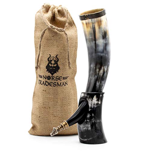 Norse Tradesman Genuine 20" Ox-Horn Viking Drinking Horn With Horn Stand & Brass Wolf Adornments | Burlap Gift Sack Included | "The Fenrir", Polished, 20-Inch