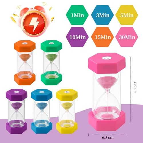 6 Stück Sanduhren, bunte Sanduhren, Farbtimer 1, 3, 5, 10, 15, 30 Minuten, geeignet für Küche, Zuhause, Kinderleben, Spiel-Timer 2