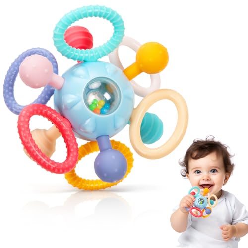 Baby Teething Toys for 0-6 6-12 Months, BPA-Free Silicone Teether, Infant Sensory Chew Rattles Toys, Gifts for Infant Newborn Boys Girls 0 3 6 9 12 18 Months, Sky Blue