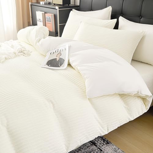 DCSKY Cream White Duvet Cover Queen Size, 3pcs Washed Microfiber Bedding Set, Soft Breathable Rippled Duvet Cover Set with Zipper Closure for All Seasons