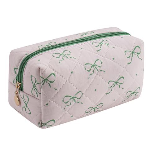 HHQQWZ Cute Floral Cotton Makeup Bag, Quilted Makeup Bag for Women Girls, Travel Floral Cosmetic Bag Zipper Make Up Pouch, Flowers Toiletry Organizer Bag (Pink/Green Bowknot)
