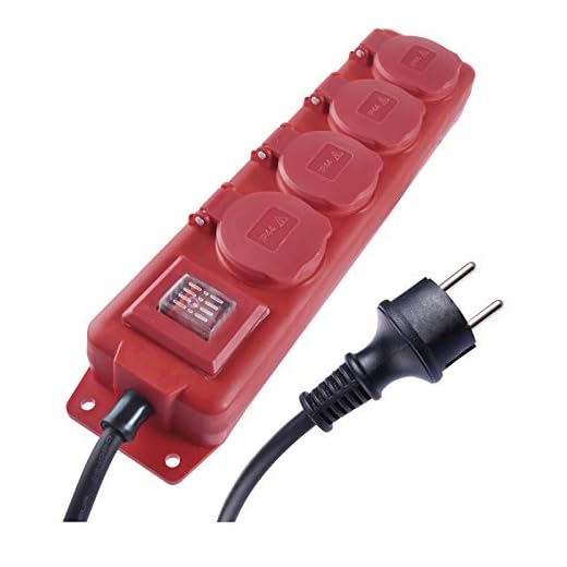 EMOS P14251 grenuttag 4-vägs med strömbrytare, 5 m kabel, IP44 för utomhusbruk med gångjärnslock, svart/röd, 1,5 mm, Schuko flera uttag med barnsäkring
